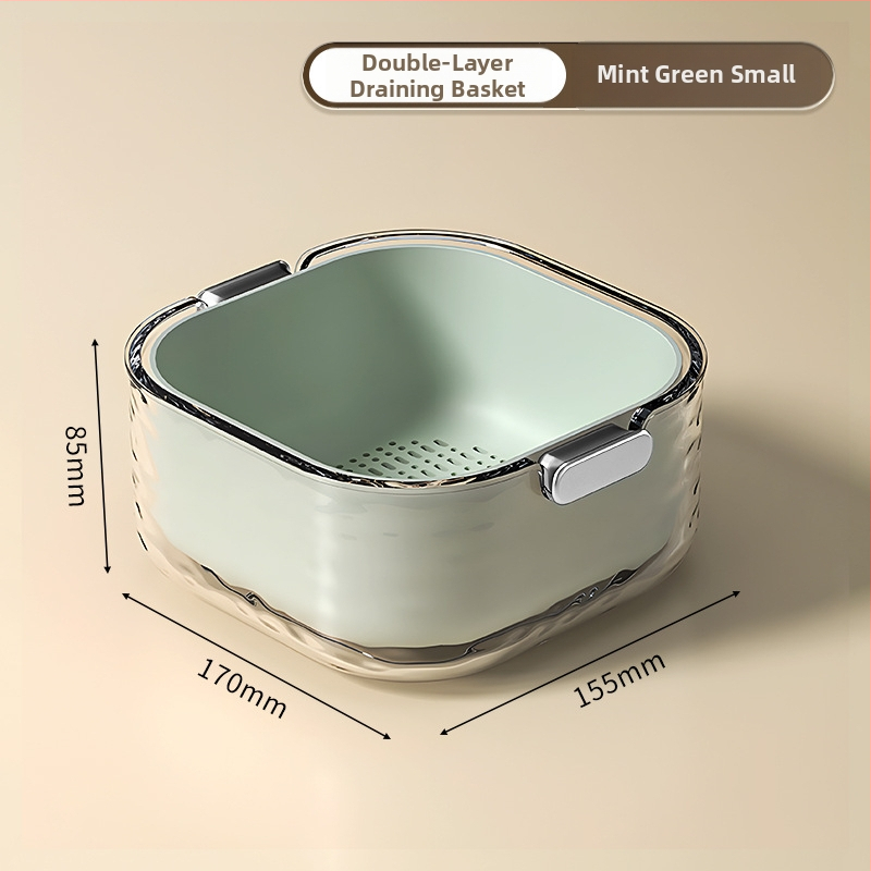 Двупластов басейн за миене на зеленчуци с дренажна кошница, PET пластмаса, карикатурен принт, модерен минималистичен стил, първокласно качество