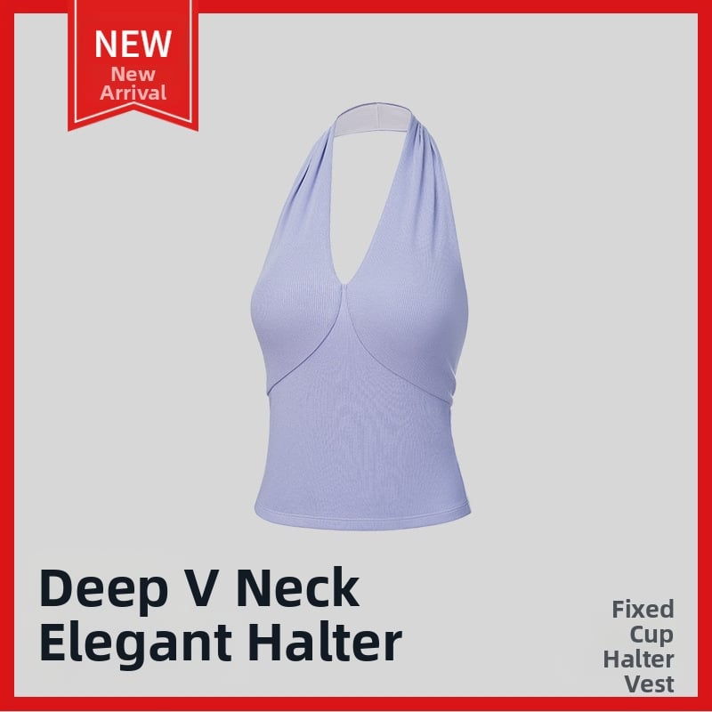 Γιλέκο χωρίς μανίκια με επένδυση για στήθος, βαθύ V λαιμό, ανοιχτή πλάτη, halter στιλ, διαπνοή για καθημερινή χρήση και υπαίθρια γυμναστική; Ύφασμα 260 g; 46% βισκόζη + 46% βαμβάκι + 8% ελαστάνη; μήκος 52-56,5 cm