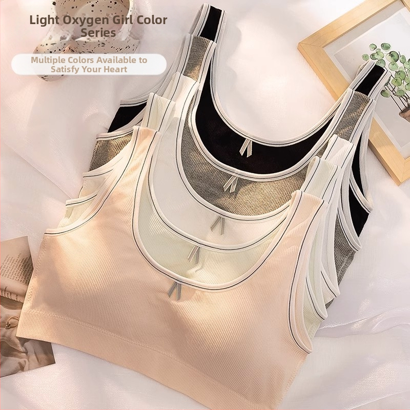 Lányoknak edzőmelltartó – varrás nélküli top-stílus, teljes kosár, vékony formázott kosár, fő anyag nejlon, bélés pamut 90–95%, rögzített dupla vállpántok, 12-15 évesek számára