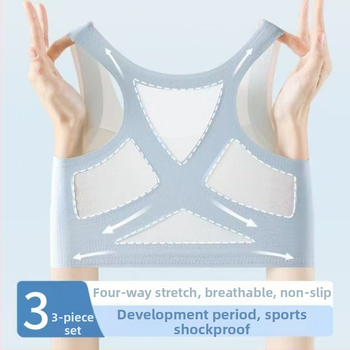 Pubertáskorú lányoknak szánt sportmelltartó (12–15 évesek), teljes kosár, vékony formázott kosár, Nylon alapanyag (70–80%), rögzített kettős pántok, légies és formázó