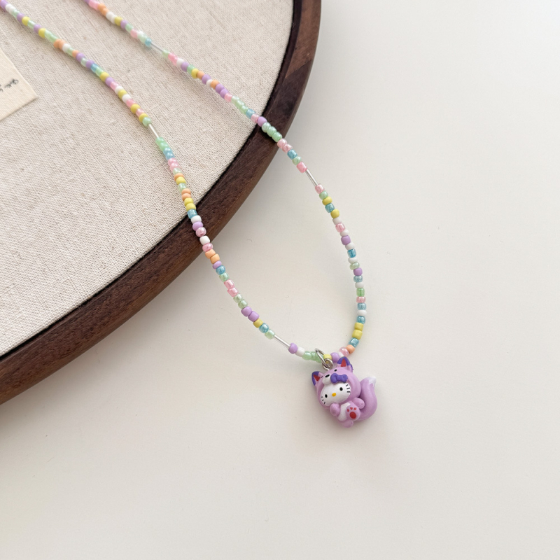 Детска огърлица KT котка, ръчна изработка, мъниста, пластмаса/смола, топчеста верига