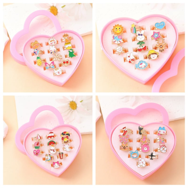 Vaikų lydinio žiedai, Korėjietiško stiliaus – formos: karikatūra, gėlė, karūna; elektroplatinimas; įterpti dirbtiniai akmenys lydinyje