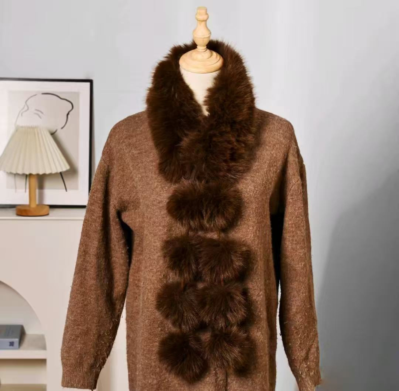 Ženski šal s kuglicom od umjetne lisice – zimska toplina, poliester tkanina, ručno izrađeno, bojano po pređi, porijeklo Yiwu, zima 2024