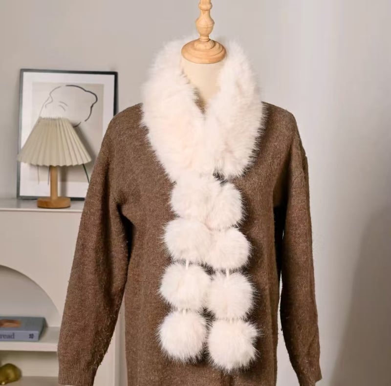 Ženski šal s kuglicom od umjetne lisice – zimska toplina, poliester tkanina, ručno izrađeno, bojano po pređi, porijeklo Yiwu, zima 2024