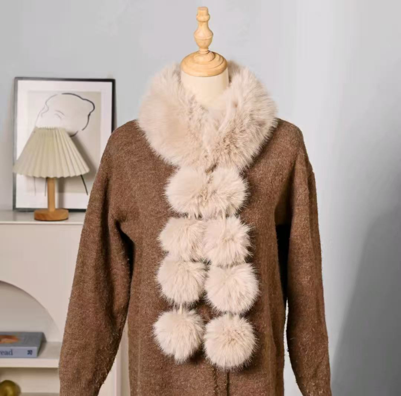 Ženski šal s kuglicom od umjetne lisice – zimska toplina, poliester tkanina, ručno izrađeno, bojano po pređi, porijeklo Yiwu, zima 2024