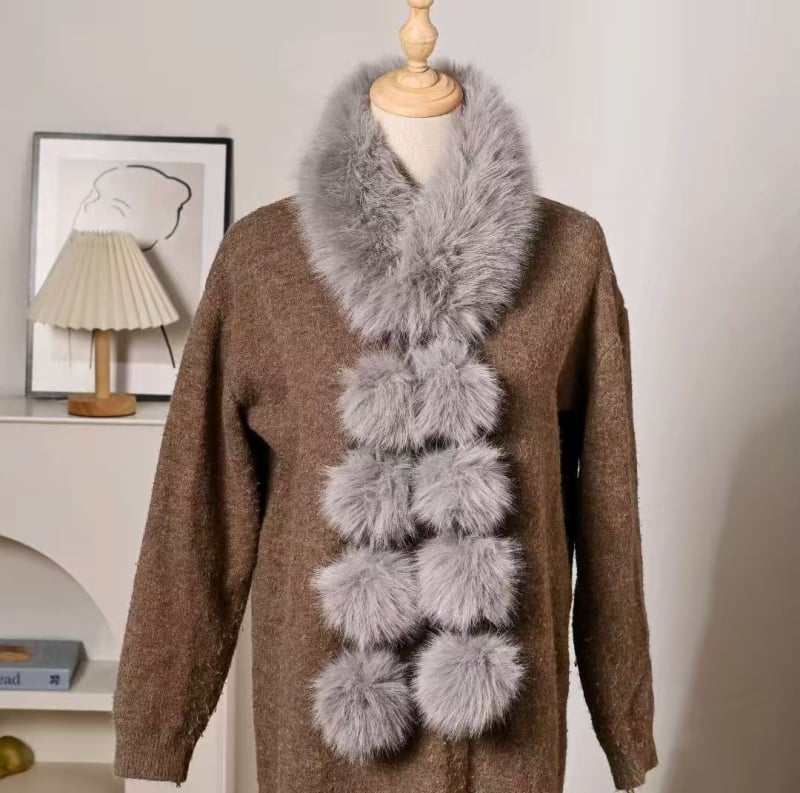 Ženski šal s kuglicom od umjetne lisice – zimska toplina, poliester tkanina, ručno izrađeno, bojano po pređi, porijeklo Yiwu, zima 2024