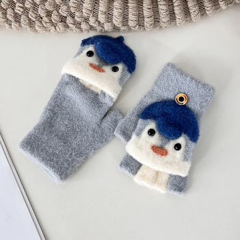 Παιδικά γάντια με καπάκι και διαχωρισμένα δάχτυλα, Jacquard πλέξη, αρκτιчесκο φλις, φθινόπωρο-χειμώνας, unisex, διατήρηση θερμοκρασίας, μοντέλο πιγκουΐνος σε καρτούν