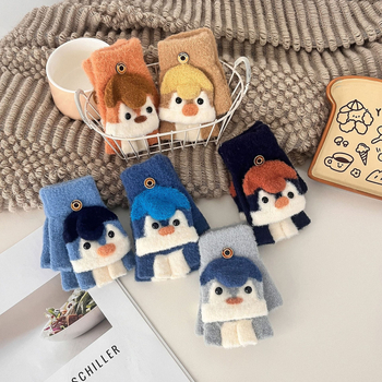 Παιδικά γάντια με καπάκι και διαχωρισμένα δάχτυλα, Jacquard πλέξη, αρκτιчесκο φλις, φθινόπωρο-χειμώνας, unisex, διατήρηση θερμοκρασίας, μοντέλο πιγκουΐνος σε καρτούν