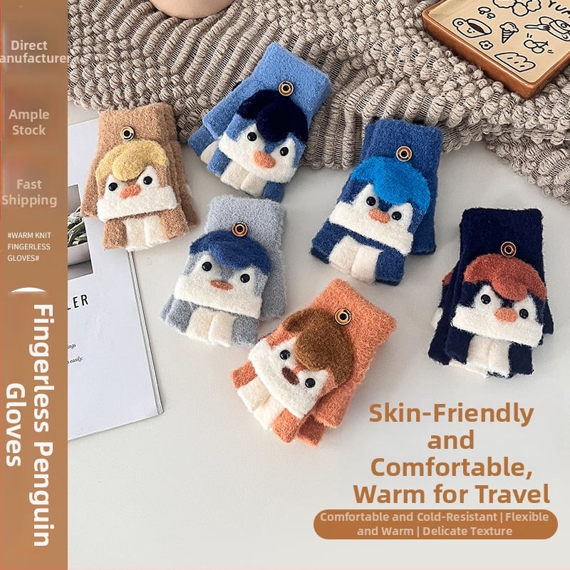 Παιδικά γάντια με καπάκι και διαχωρισμένα δάχτυλα, Jacquard πλέξη, αρκτιчесκο φλις, φθινόπωρο-χειμώνας, unisex, διατήρηση θερμοκρασίας, μοντέλο πιγκουΐνος σε καρτούν