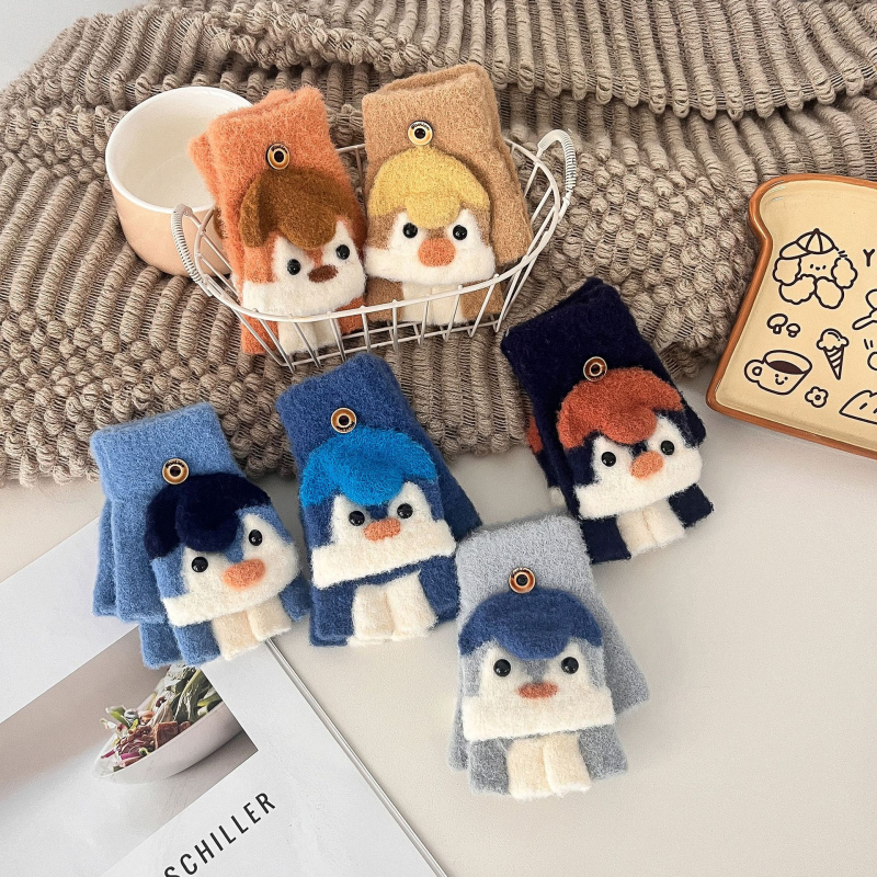 Παιδικά γάντια με καπάκι και διαχωρισμένα δάχτυλα, Jacquard πλέξη, αρκτιчесκο φλις, φθινόπωρο-χειμώνας, unisex, διατήρηση θερμοκρασίας, μοντέλο πιγκουΐνος σε καρτούν