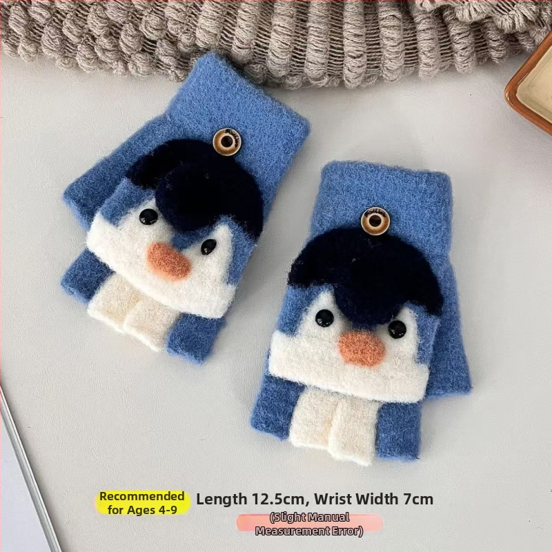 Παιδικά γάντια με καπάκι και διαχωρισμένα δάχτυλα, Jacquard πλέξη, αρκτιчесκο φλις, φθινόπωρο-χειμώνας, unisex, διατήρηση θερμοκρασίας, μοντέλο πιγκουΐνος σε καρτούν