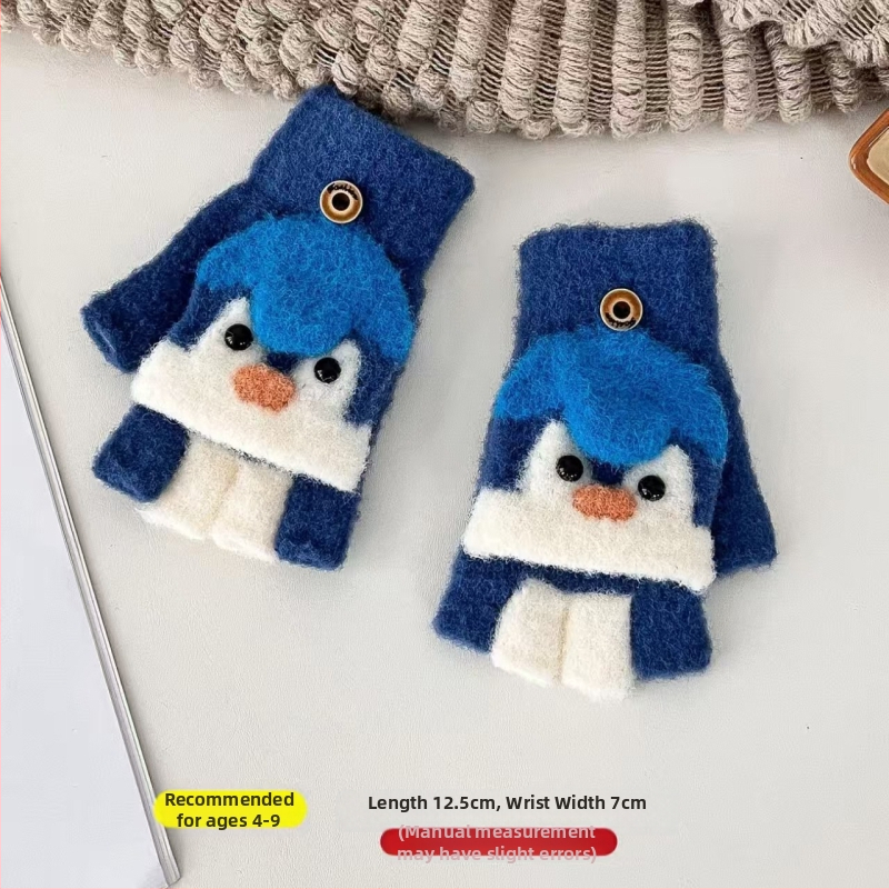 Παιδικά γάντια με καπάκι και διαχωρισμένα δάχτυλα, Jacquard πλέξη, αρκτιчесκο φλις, φθινόπωρο-χειμώνας, unisex, διατήρηση θερμοκρασίας, μοντέλο πιγκουΐνος σε καρτούν