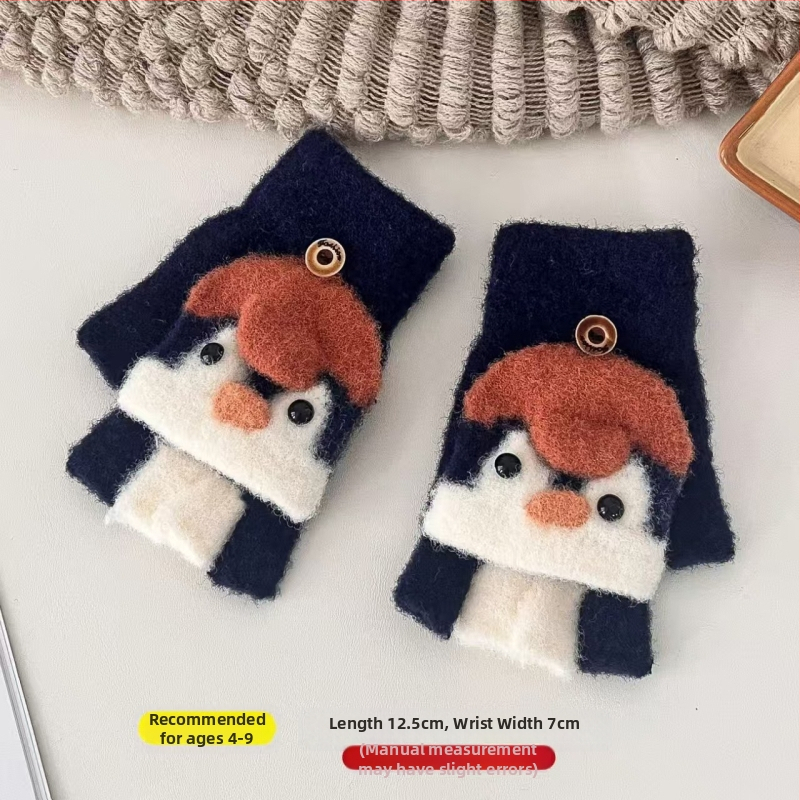 Παιδικά γάντια με καπάκι και διαχωρισμένα δάχτυλα, Jacquard πλέξη, αρκτιчесκο φλις, φθινόπωρο-χειμώνας, unisex, διατήρηση θερμοκρασίας, μοντέλο πιγκουΐνος σε καρτούν