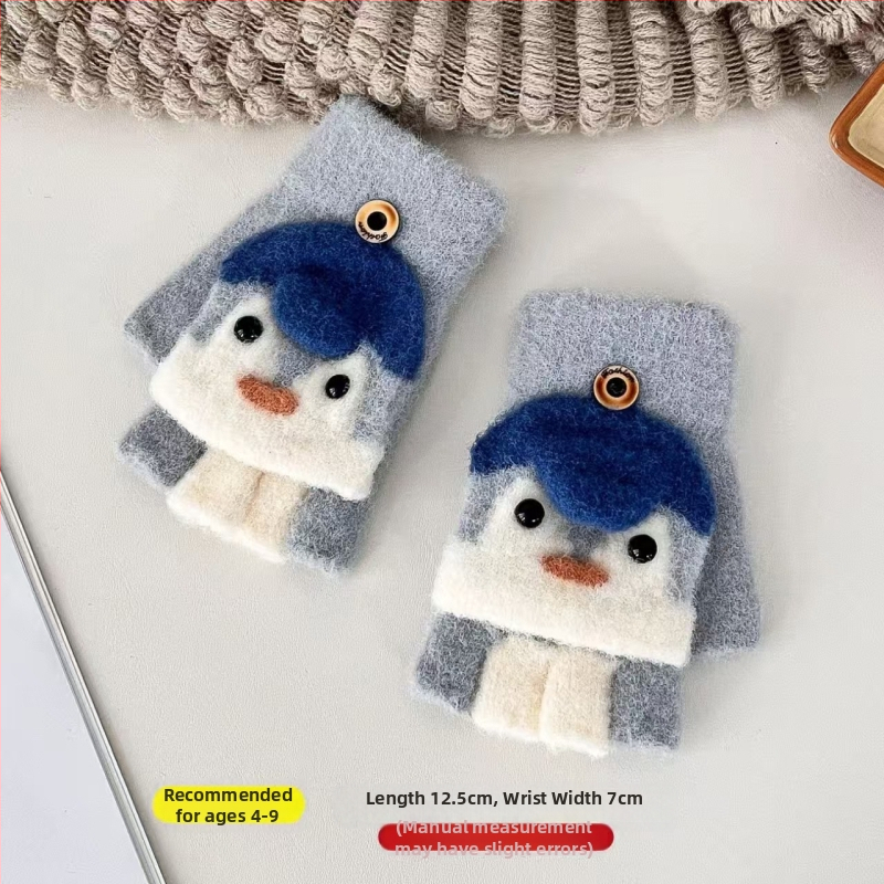Παιδικά γάντια με καπάκι και διαχωρισμένα δάχτυλα, Jacquard πλέξη, αρκτιчесκο φλις, φθινόπωρο-χειμώνας, unisex, διατήρηση θερμοκρασίας, μοντέλο πιγκουΐνος σε καρτούν