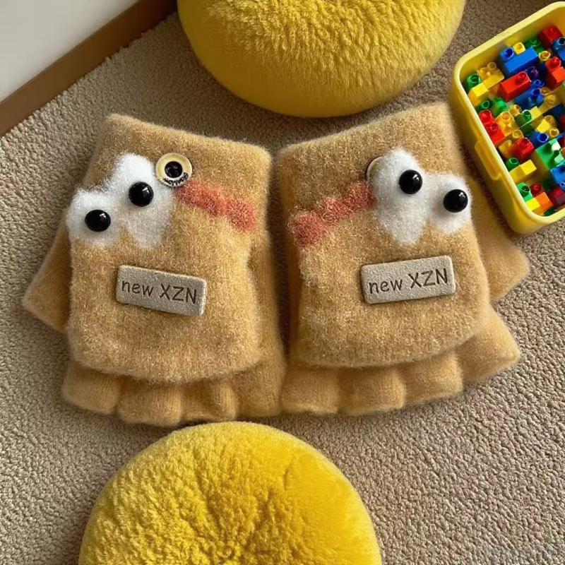 Παιδικά γάντια με μισό δάχτυλο και καπάκι – ζεστά για τον χειμώνα, τεχνητό βελούδο μινκ, ηλικίες 3-12, unisex