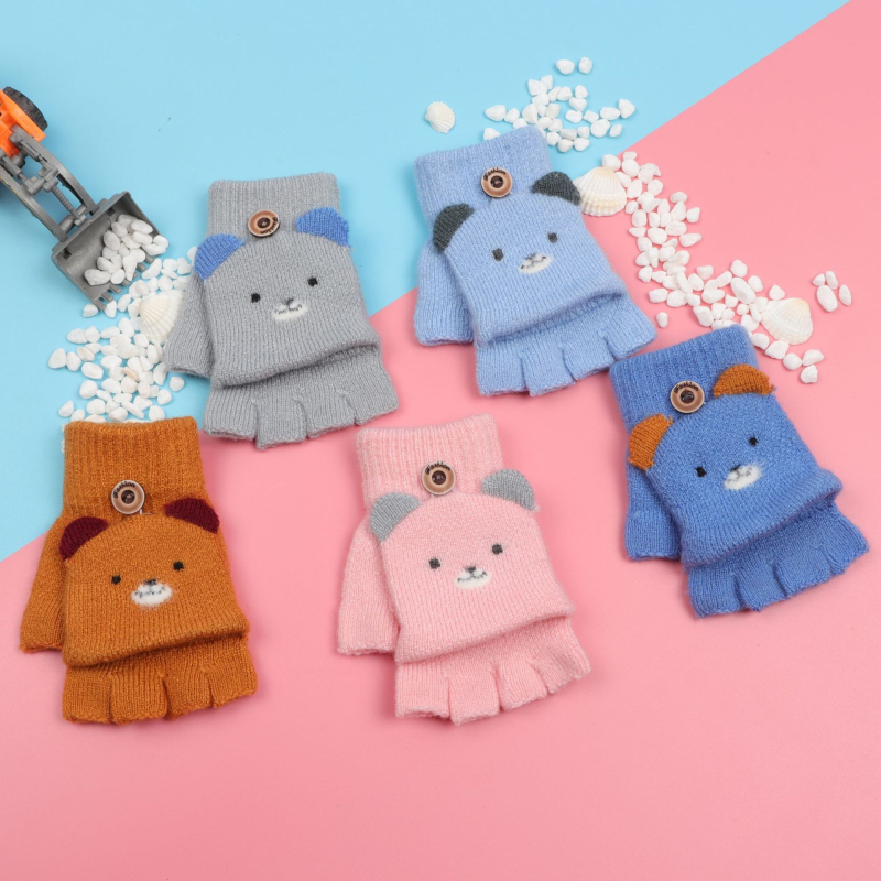 Παιδικά πλεκτά γάντια για φθινόπωρο και χειμώνα, γάντια με μισό δάχτυλο και ζακάρ σχεδίαση, ζεστά, κατάλληλα για ηλικίες 1-5 ετών, ουδέτερο φύλο, μοτίβο καρτούν