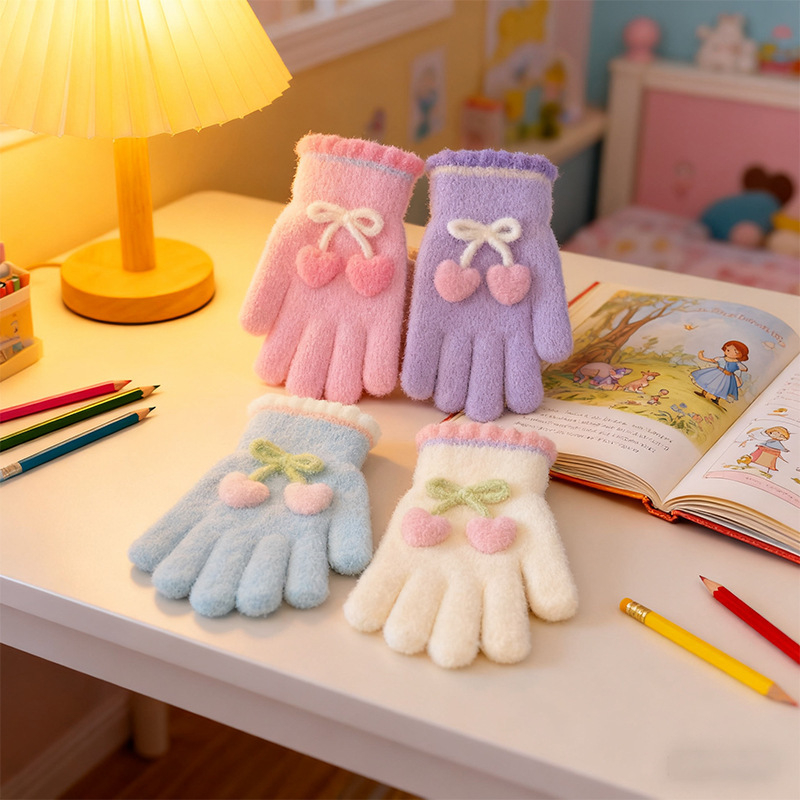 Dječje pletene rukavice s jacquard motivom srca, čuvaju toplinu, za dob 4–12, zima