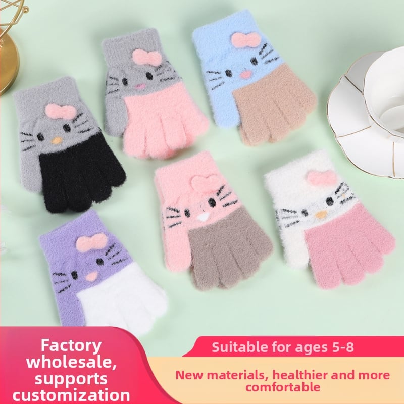 Παιδικά γάντια από γούνα μινκ για 4–9 ετών, με σχέδιο καρτούν, πλέξη Jacquard, διατηρούν τη ζεστασιά