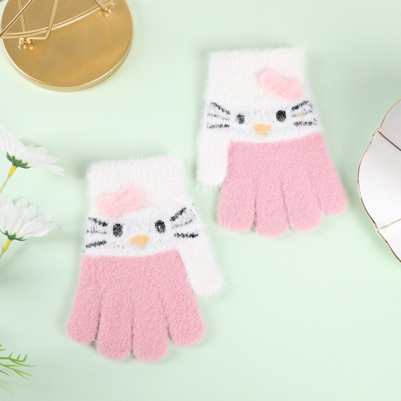 Παιδικά γάντια από γούνα μινκ για 4–9 ετών, με σχέδιο καρτούν, πλέξη Jacquard, διατηρούν τη ζεστασιά