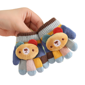 Βρεφικά ζεστά πλεκτά γάντια με πέντε δάχτυλα, μοτίβο αρκούδας σε ρίγες, μαλλί αλπάκα, unisex, φθινοπωρινό-χειμωνιάτικο, ηλικία 0–3 ετών