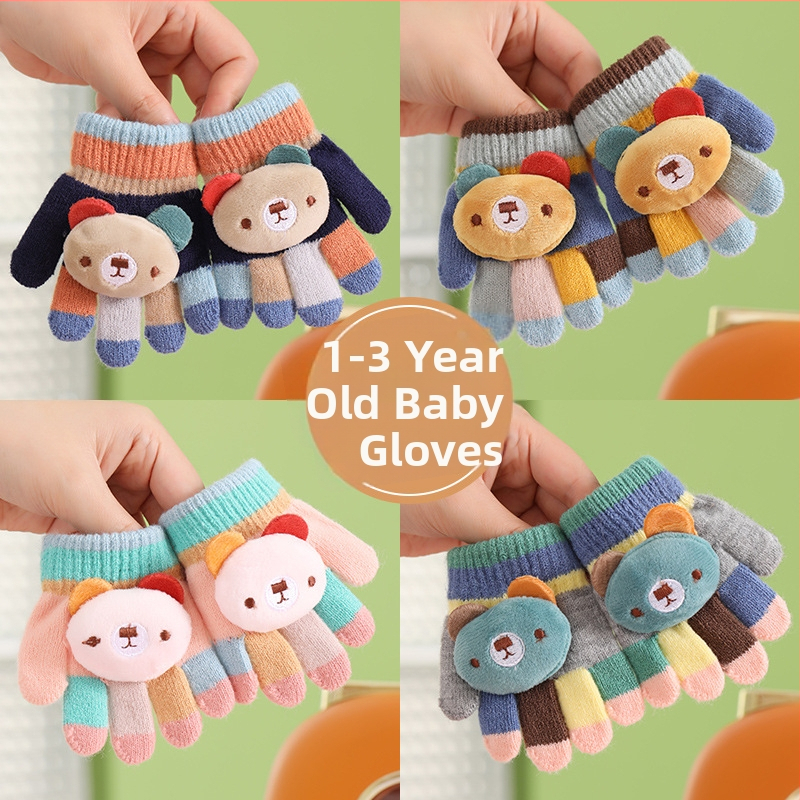 Βρεφικά ζεστά πλεκτά γάντια με πέντε δάχτυλα, μοτίβο αρκούδας σε ρίγες, μαλλί αλπάκα, unisex, φθινοπωρινό-χειμωνιάτικο, ηλικία 0–3 ετών