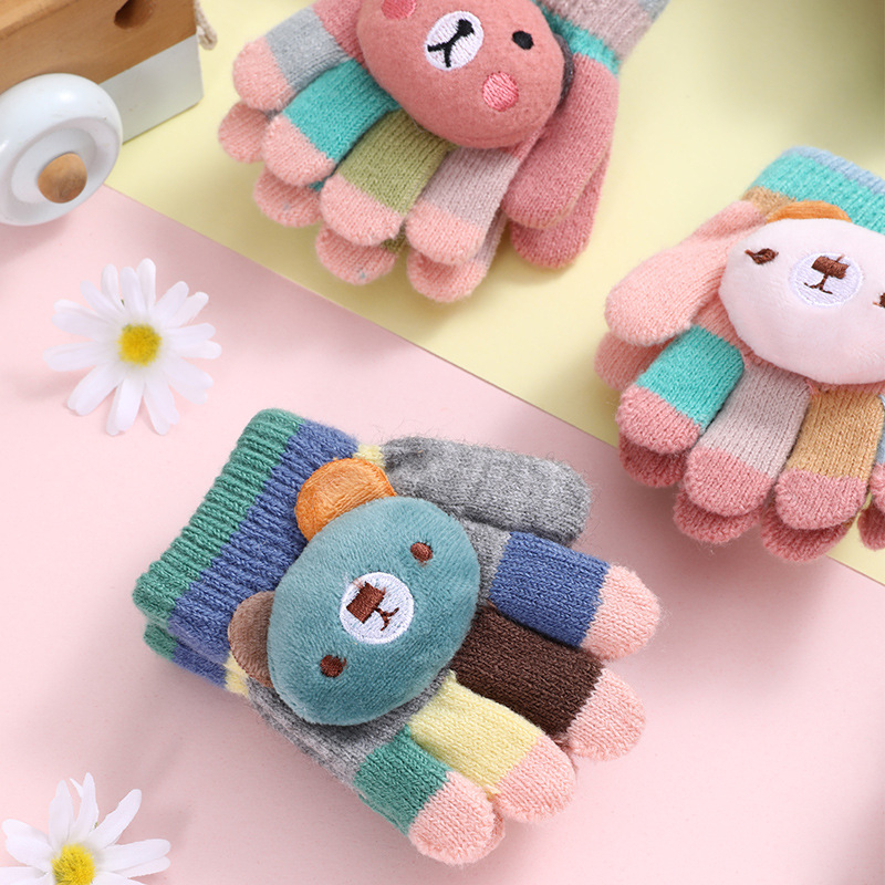 Βρεφικά ζεστά πλεκτά γάντια με πέντε δάχτυλα, μοτίβο αρκούδας σε ρίγες, μαλλί αλπάκα, unisex, φθινοπωρινό-χειμωνιάτικο, ηλικία 0–3 ετών