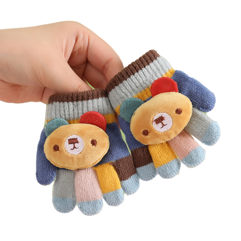 Βρεφικά ζεστά πλεκτά γάντια με πέντε δάχτυλα, μοτίβο αρκούδας σε ρίγες, μαλλί αλπάκα, unisex, φθινοπωρινό-χειμωνιάτικο, ηλικία 0–3 ετών
