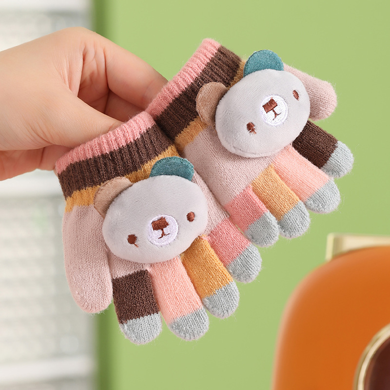 Βρεφικά ζεστά πλεκτά γάντια με πέντε δάχτυλα, μοτίβο αρκούδας σε ρίγες, μαλλί αλπάκα, unisex, φθινοπωρινό-χειμωνιάτικο, ηλικία 0–3 ετών