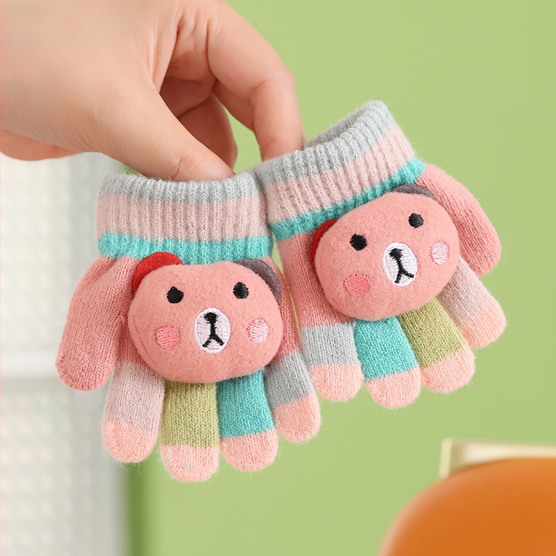 Βρεφικά ζεστά πλεκτά γάντια με πέντε δάχτυλα, μοτίβο αρκούδας σε ρίγες, μαλλί αλπάκα, unisex, φθινοπωρινό-χειμωνιάτικο, ηλικία 0–3 ετών