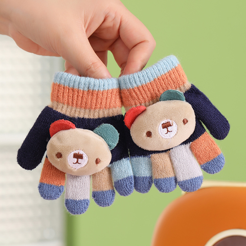 Βρεφικά ζεστά πλεκτά γάντια με πέντε δάχτυλα, μοτίβο αρκούδας σε ρίγες, μαλλί αλπάκα, unisex, φθινοπωρινό-χειμωνιάτικο, ηλικία 0–3 ετών