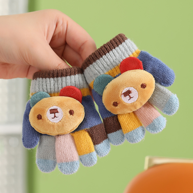 Βρεφικά ζεστά πλεκτά γάντια με πέντε δάχτυλα, μοτίβο αρκούδας σε ρίγες, μαλλί αλπάκα, unisex, φθινοπωρινό-χειμωνιάτικο, ηλικία 0–3 ετών