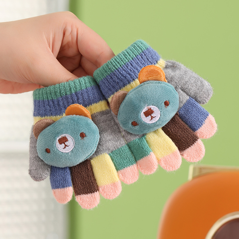 Βρεφικά ζεστά πλεκτά γάντια με πέντε δάχτυλα, μοτίβο αρκούδας σε ρίγες, μαλλί αλπάκα, unisex, φθινοπωρινό-χειμωνιάτικο, ηλικία 0–3 ετών