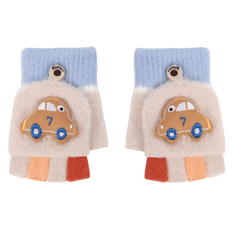 Happy παιδικά πλεκτά γάντια για τον χειμώνα, με πέντε δάχτυλα, σχέδιο αυτοκίνητο-καρτούν, κέντημα, για ηλικίες 2–6 ετών