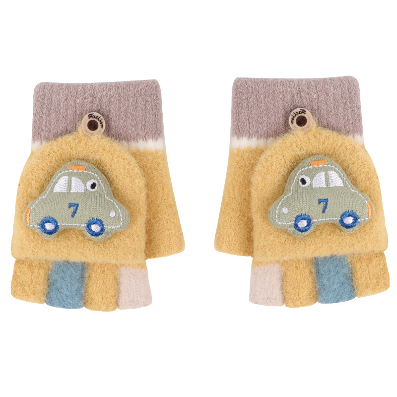 Happy παιδικά πλεκτά γάντια για τον χειμώνα, με πέντε δάχτυλα, σχέδιο αυτοκίνητο-καρτούν, κέντημα, για ηλικίες 2–6 ετών