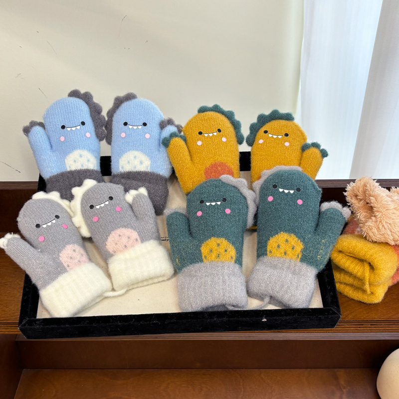 Γάντια-μιτών για παιδιά με δεινοσαύρο σε καρτούν στυλ, κρυστάλλινο βελούρο, για 2–4 ετών, φθινοπωρο-χειμώνας