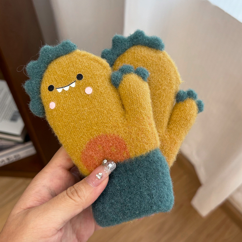 Γάντια-μιτών για παιδιά με δεινοσαύρο σε καρτούν στυλ, κρυστάλλινο βελούρο, για 2–4 ετών, φθινοπωρο-χειμώνας
