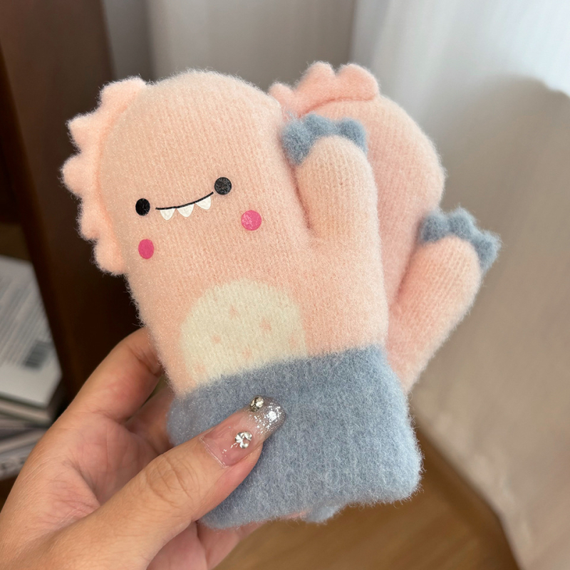 Γάντια-μιτών για παιδιά με δεινοσαύρο σε καρτούν στυλ, κρυστάλλινο βελούρο, για 2–4 ετών, φθινοπωρο-χειμώνας