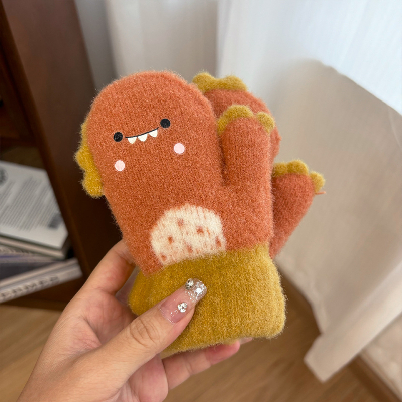 Γάντια-μιτών για παιδιά με δεινοσαύρο σε καρτούν στυλ, κρυστάλλινο βελούρο, για 2–4 ετών, φθινοπωρο-χειμώνας