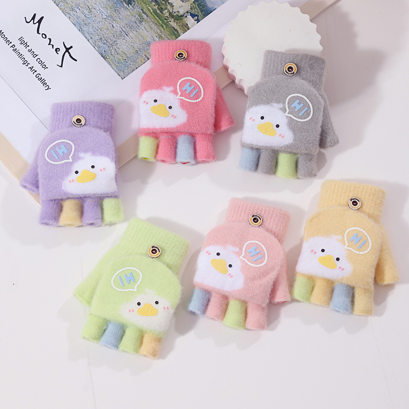Παιδικά χειμωνιάτικα γάντια, ζεστά και χοντρά, με σχέδιο κινουμένων σχεδίων και μισά δάχτυλα, πλεκτά
