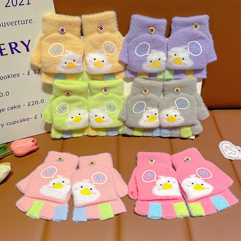 Παιδικά χειμωνιάτικα γάντια, ζεστά και χοντρά, με σχέδιο κινουμένων σχεδίων και μισά δάχτυλα, πλεκτά