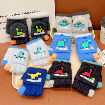 Dječje rukavice s dinosaurom, crtani, poluprsti, vunene, unisex