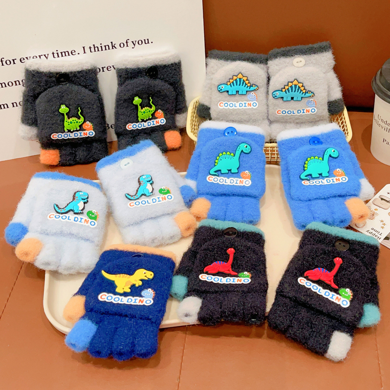 Dječje rukavice s dinosaurom, crtani, poluprsti, vunene, unisex