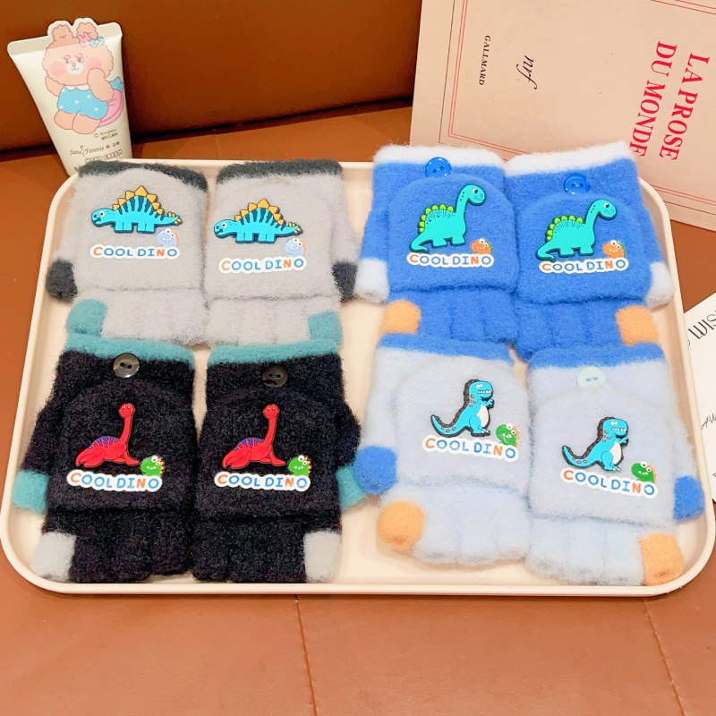 Dječje rukavice s dinosaurom, crtani, poluprsti, vunene, unisex
