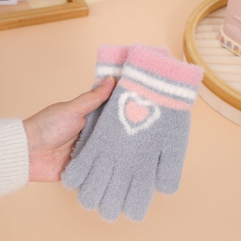 Παιδικά χειμερινά πλεκτά γάντια, ζακάρντ με σχέδιο καρδιάς σε καρτούν, για 7-12 ετών