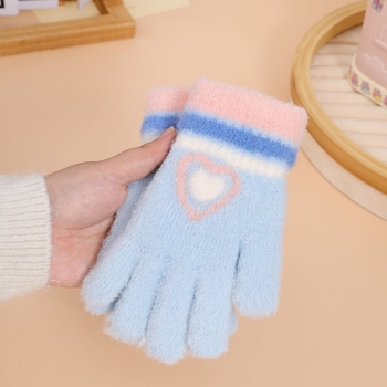 Παιδικά χειμερινά πλεκτά γάντια, ζακάρντ με σχέδιο καρδιάς σε καρτούν, για 7-12 ετών