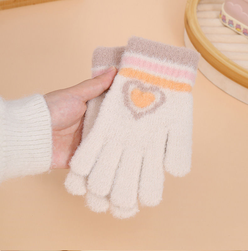 Παιδικά χειμερινά πλεκτά γάντια, ζακάρντ με σχέδιο καρδιάς σε καρτούν, για 7-12 ετών