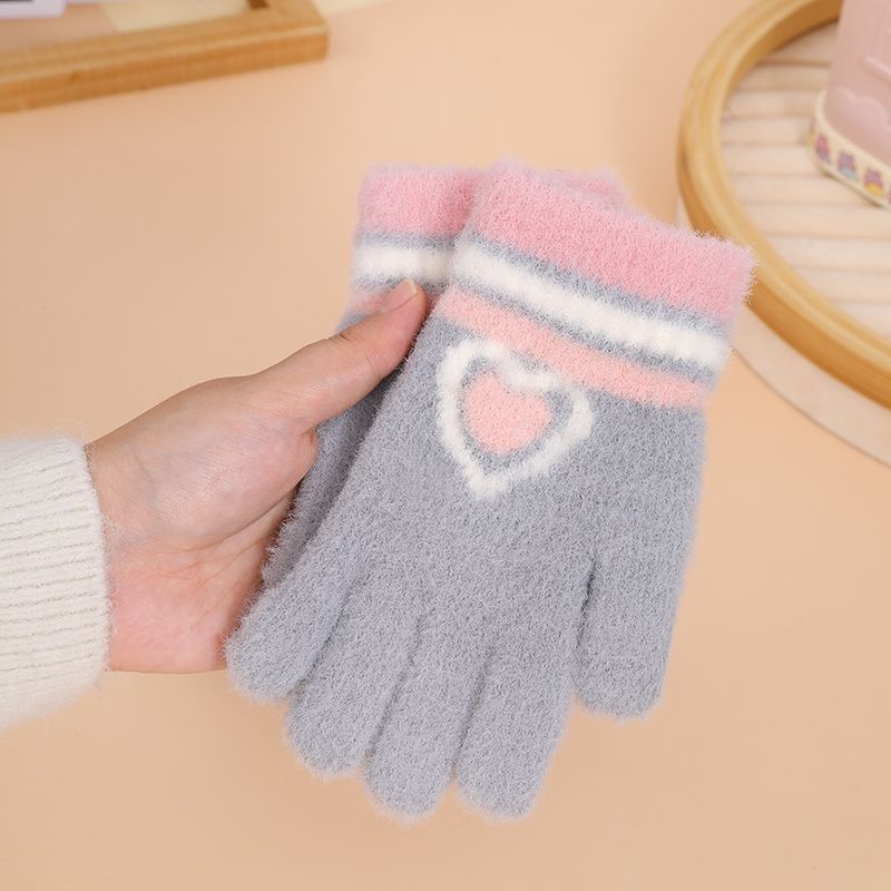 Παιδικά χειμερινά πλεκτά γάντια, ζακάρντ με σχέδιο καρδιάς σε καρτούν, για 7-12 ετών