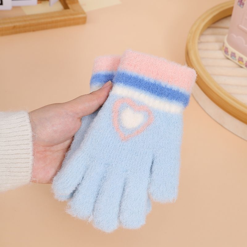 Παιδικά χειμερινά πλεκτά γάντια, ζακάρντ με σχέδιο καρδιάς σε καρτούν, για 7-12 ετών