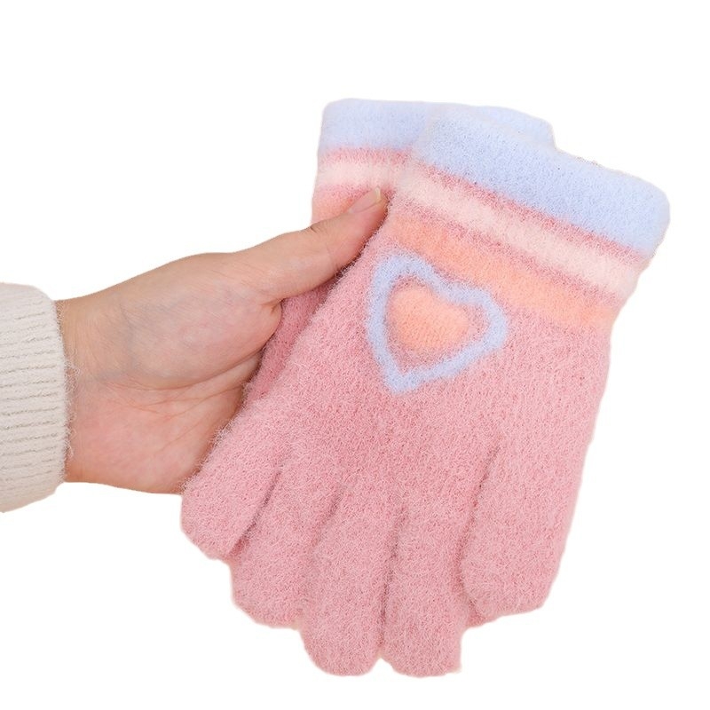 Παιδικά χειμερινά πλεκτά γάντια, ζακάρντ με σχέδιο καρδιάς σε καρτούν, για 7-12 ετών