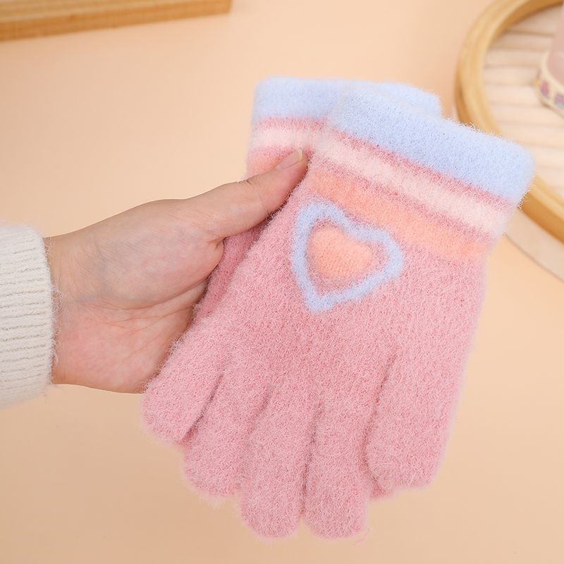 Παιδικά χειμερινά πλεκτά γάντια, ζακάρντ με σχέδιο καρδιάς σε καρτούν, για 7-12 ετών